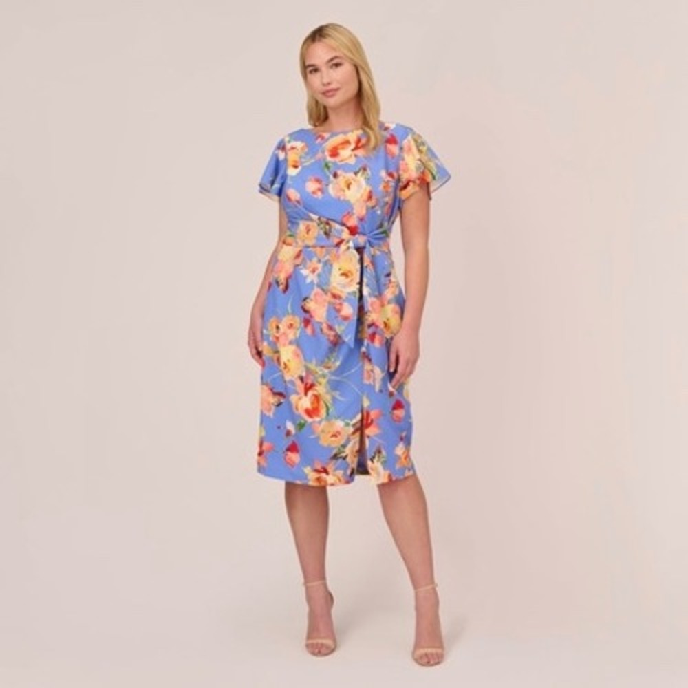 Adrianna Papell Floral Ruched Sheath Dress Sz 6 Blue Multicolor Wedding Elegant‎
